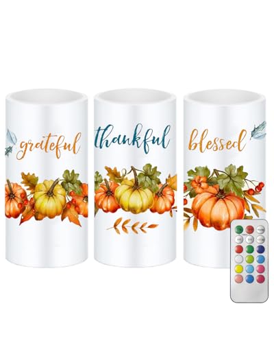 Image of 3 Pcs Pumpkin Flameless Candles with Timer Remote | Orange Maple Leaf Lights for Thanksgiving Theme Decor Autumn Fall Harvest Bathroom Decorations