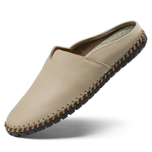 Image of Men's Slip-On Loafers Mules Clog Handmade Leather Slippers Hand Stitched no-Heel Casual Shoes for Men Breathable Comfortable Soft