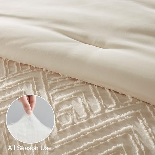 Image of Zzlpp Queen Comforter Set 7 Pieces, Cream Tufted Bed in a Bag with Comforter and Sheets, All Season Boho Bedding Sets with 1 Comforter, 2 Pillow Shams, 2 Pillowcases, 1 Flat Sheet, 1 Fitted Sheet