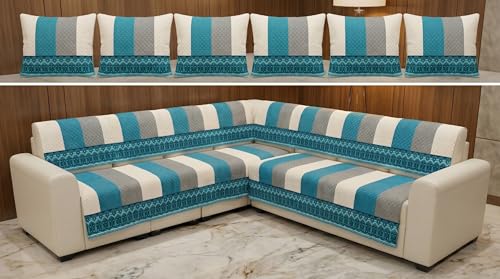 Image of Luxury Sofa Cover L Shape 6 Seater with Matching Cushion Cover 16x16 inch - Aqua Grey Stripe 3+3 Seater (6 Seater) Quilted Sofa Cover Set Pack of 11, Washable, Aqua Grey White