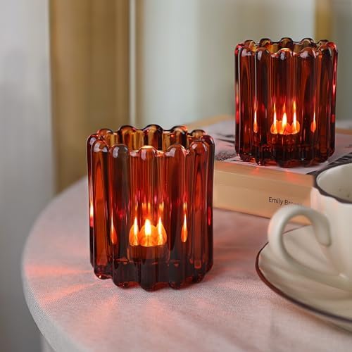 6pcs Votive Candle Holder, Amber Glass Vintage Candle Holders, Tealight Candle Holder for Boho Fall Wedding Centerpieces Dinner Party Table Decor