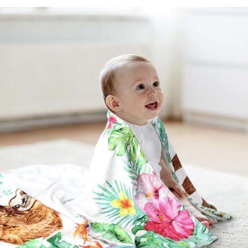 Image of Watercolor Jungle Baby Sloth Monthly Milestone Blanket for Girls - Soft Fleece Baby Girl Photo Prop Growth Tracker Newborn Keepsake Baby Shower Spring Gift