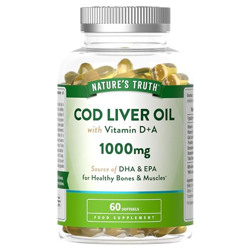 Cod Liver Oil Capsules High Strength | 1000mg | with Omega 3, Vitamin D and A | Providing DHA & EPA | 60 Softgels | Nature's Truth