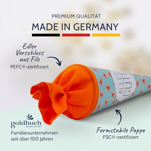 goldbuch 93 211 Geschwistertüte Alles Gute, Schultüte mit Mohnblumenmuster, Lackkarton, Geschenkverpackung, orangener Filzverschluss (ohne Verschlussband), Zuckertüte rund, Länge 35 cm, Ø 11,5 cm