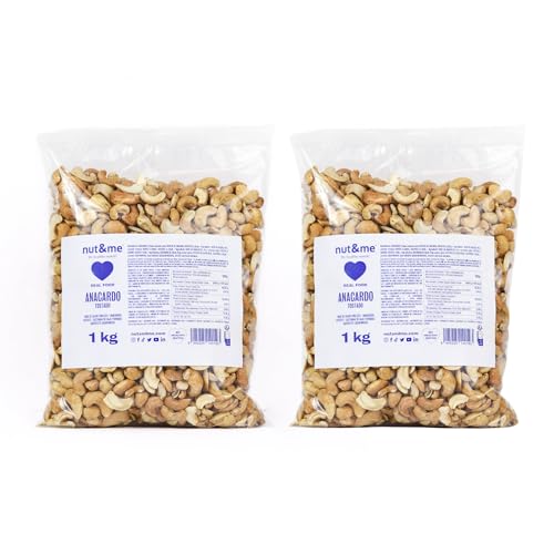 Anacardos enteros Tostados SIN SAL 2 kg nut&me | Sin Gluten | Vegano | Frutos secos 100% Naturales | Alto en proteínas | Snack saludable y sabroso | Crujientes | Pack 2 x 1 Kg