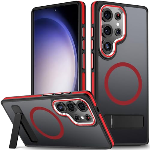 MALEWOLF for Samsung Galaxy S25 Ultra Case, Shockproof S25 Ultra Phone Case with Kickstand, Anti-Skid Case Fits for Magsafe, Camera Frame with Raised Protection for Galaxy S25 Ultra Cover (Black/Red)