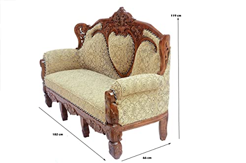 Image of Wooden 5 Seater Sofa Set, Solid Wood Sofa | 3+1+1 Natural Brown Finish with Fabric Seating | Traditional Design Furniture for Living Room, Home, Office
