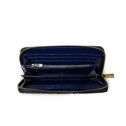 Image of Islander HarrisTweed & PU Leather women's long zip purse, Black&grey Herringbone, Carry Cash & card, Scottish Style