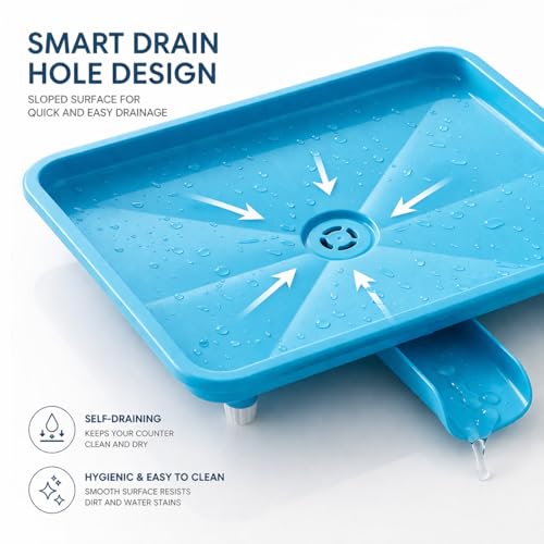 Image of AURAM Dish Drainer Tray Blue - Kitchen Sink Drain Board - Water Drip Tray for Drying Utensils - Durable Plastic Dish Drying Base - Anti-Slip, Easy Clean, Large Capacity