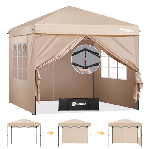 Sekey Premium Pop Up Pavillon 3x3 Wasserdicht Stabil, 3 x 3 m Pavillon mit Seitenwänden, Faltpavillon Partyzelt Faltbar für Camping Party, Höhe Verstellbar 250-270cm, Khaki
