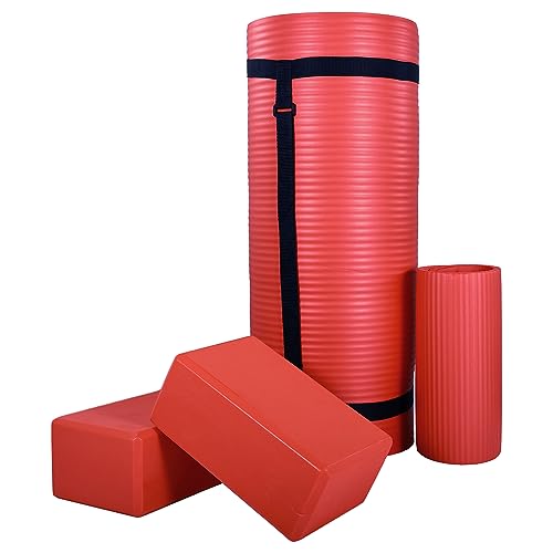 BalanceFrom All-Purpose 71" x 24" x 1-Inch Extra Thick High Density Anti-Tear Exercise Yoga Mat, Knee Pad with Carrying Strap & 2 Yoga Blocks, Red