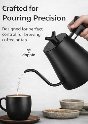 Image of DOPPIO Gooseneck Electric Kettle with Temperature Control Base - 1L Rapid Boil Pour Over Coffee & Tea Maker, 304 Stainless Steel, Matte Black