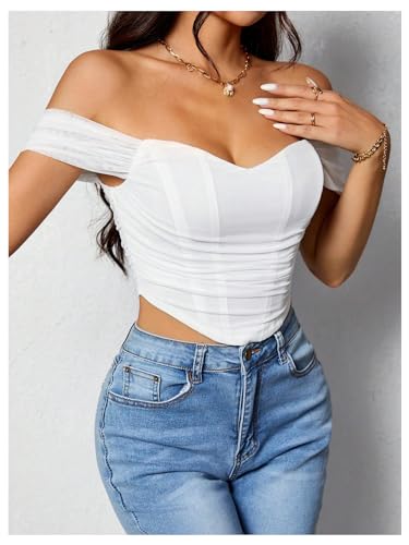 SHENHE Women's Off Shoulder Mesh Corset Bustier Short Sleeve Ruched Zip Back Sexy Crop Top3