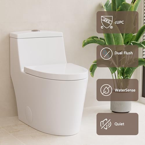 Deer Valley Elongated One Piece Toilet with Soft Close Seat, Dual Flush (1.1/1.6GPF) High-Efficiency Modern Bathroom Toilet Bowl with 17" Comfortable ADA Seat Height, 12" Rough-In, White, F52636-01