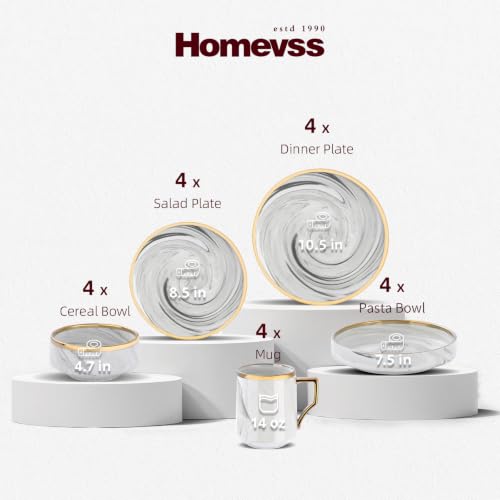 HomeVss 20 Piece Plates and Bowls Sets, Fine China Artisan Marbled Dinner Set for 4, Dishwasher Safe, Scratch Resistant, Grey with Gold Line - image 2
