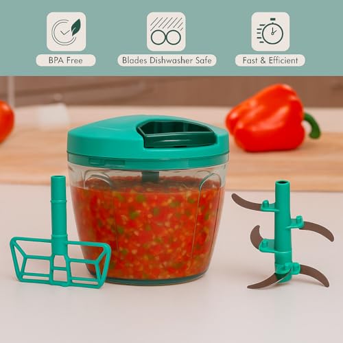 Image of Large Manual Food Chopper with Pull Cord, 5 Stainless Steel Blades - 1000ml Vegetable, Fruit & Onion Cutter (Green)