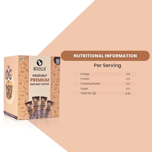 Image of Bevzilla 96 Instant Coffee Powder Sachets (Hazelnut) -192 Grams |Arabica Coffee| Easy To Carry|Best For Espresso, Latte, Cappuccino| Enjoy Hot & Cold (Pack of 3)