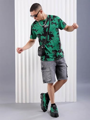 Image of The Indian Garage Co Men Polyester Slim Fit Tropical Print Round Neck Tshirt