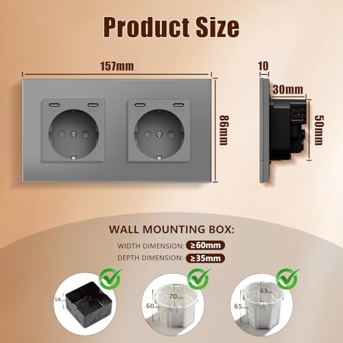 BSEED Steckdose mit USB C(5 V 2.1A),Unterputz Steckdose (Typ C und Typ C),16A 250V 2 Fach Wandsteckdose,2*USB C Einbausteckdose Geeignet f&uuml;r Phone,Pad-157mm*86mm,Grau