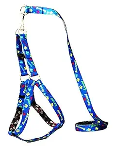 PSK PET MART Printed Nylon Dog Harness & Leash Set with Fur 0.75 inch Small - (Chest Size - 19-24) (Blue)