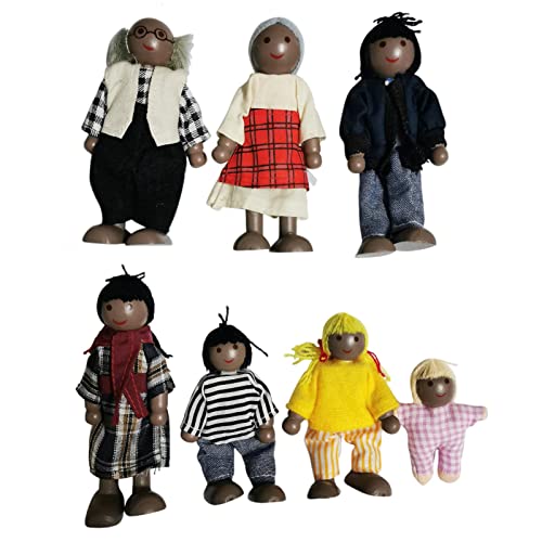 7 piezas de figuras de personas de casa de muñecas, muñecas familiares de madera en miniatura, juego de muñecas de peluche de la familia afroamericana, muñecas para casa de muñecas, juego de simulació Cover