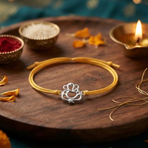 Image of Parnika 925 Pure 92.5 Sterling Silver Ganesha Rakhi Bracelet for Brother | Hallmarked Silver Rakhi for Bhai & Bhaiya | Raksha Bandhan Gift with Roli Chawal | Premium Thread Rakhi
