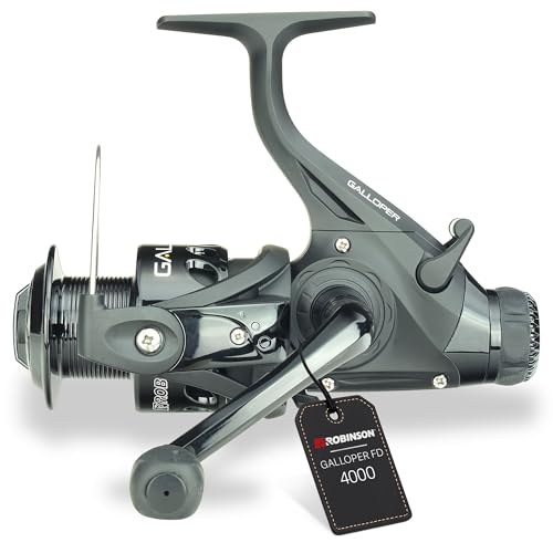 ROBINSON Angelrolle mit Freilauf – Leichte Graphitausführung - Rutschfester Griffknopf - Fein justierbares Bremssystem - Balancierter Rotor - Galloper (4000)