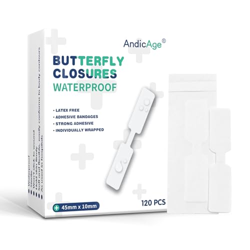 AndicAge 120PCS Butterfly Closure Strips Adhesive Wound Stitch Bandages with Non-Stick Pad Latex-Free for Skin Wounds Protection