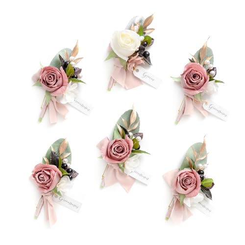 Ling's moment Boutonniere for Men, 6pcs Groom...