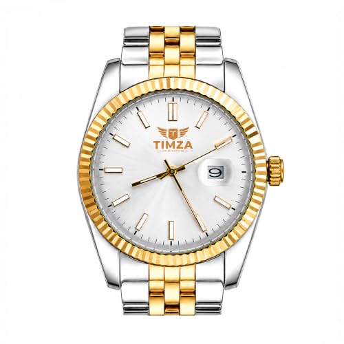 Image of Classic Off-White Dial Quartz Watch for Men with Stainless Steel Two Tone Bracelet (Silver-Golden), Magnified Date Window & Water Resistant Build