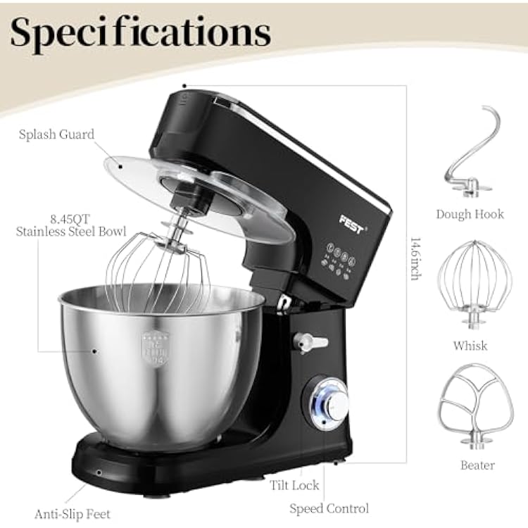 1500W 8.45QT Stand Mixer, 6-Speed Electric Dough Mixer with Whisk, Dough Hook & Beater, Large Capacity Kitchen Mixer for Baking Bread, Cakes, Salad and Cookies (Black)