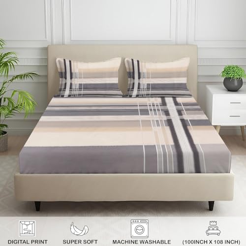 Image of Signature Digital Print Geometric Designs Super King Size Bedsheet - 108 x 108 inches | 100% Cotton-Feel Soft Fabric | Fade-Resistant Colors | 2 Matching Pillow Covers (Metro Lines)