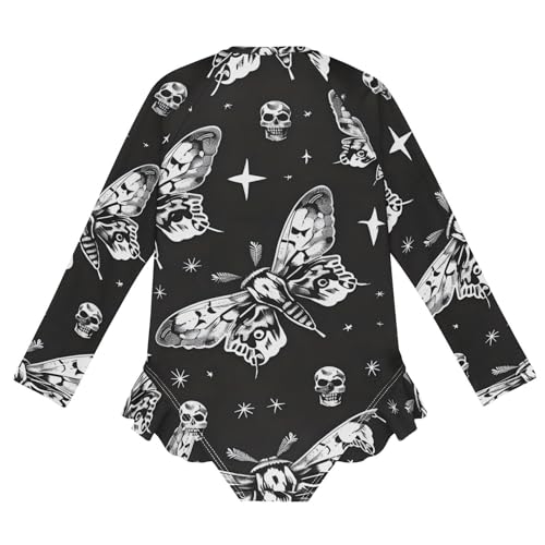 Girls One Piece Swimsuits Long Sleeve Swimsuit Zipper Bathing Suits Skull Moon Moth Black Boho2