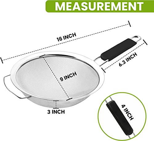 Kafoor 9\" Large Fine Mesh Strainer with Thermo Plastic Rubber Handle - Sieve Fine Mesh Stainless Steel - Ideal Kitchen Essential to Strain Pasta, Quinoa and Rice