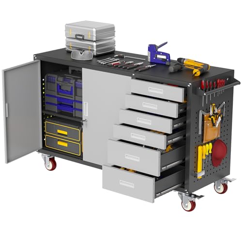 Eltean 55' W Rolling Workbench with 6 Drawers and Storage Cabinet,1000 LB Capacity Heavy Duty Work Bench with Pegboard and Adjustable Shelf,Garage Workbench with Wheels for Repair Shop/Workshop