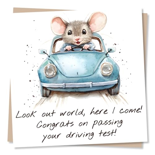 Adorable Well Done or Congratulations Card for Loved One - Woodland Animals Cute Mouse - Congrats On Passing Your Driving Test - for Son Daughter Sister Brother Best Friend Bestie