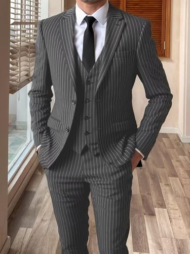 Men’s Pinstripe 3 Piece Suit Slim Fit Casual Business Wedding Party Blazer Vest Pants Set2