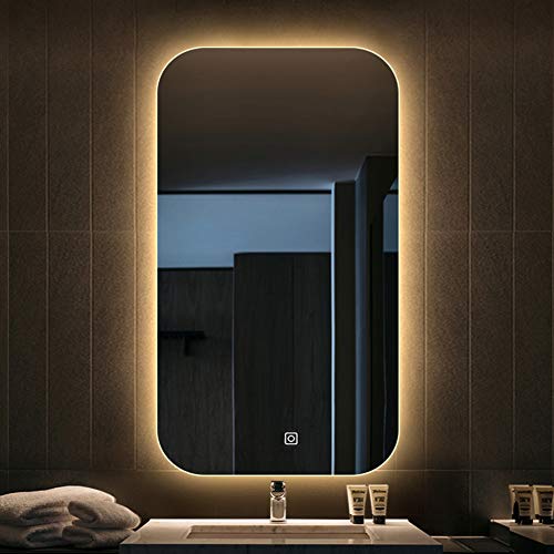 Espejo de Pared Espejos de pared decorativos, espejo de baño con iluminación LED, regulable, antivaho, espejo retroiluminado rectangular sin marco, espejo de maquillaje de pared con luz, 50x90cm (20x3