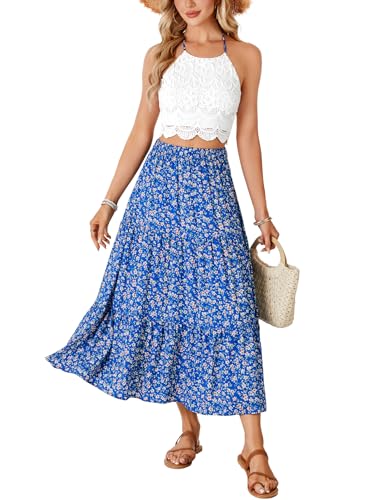 Vrtige Women's 2 Piece Outfits Summer Lace Halter Cami Crop Top with Floral Long Maxi Skirt Set2