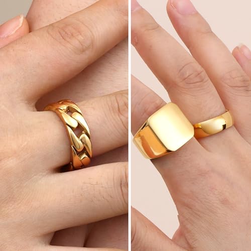 Sanfenly 5 PCS 14K Gold Rings for Men Mens Gold Ring Mens Stainless Steel Rings Square Signet Rings Pinky Thumb Ring Chunky Thick Band Cuban Link Chain Ring Cool Finger Ring Wedding Band Ring for Men（Size 7-15）3