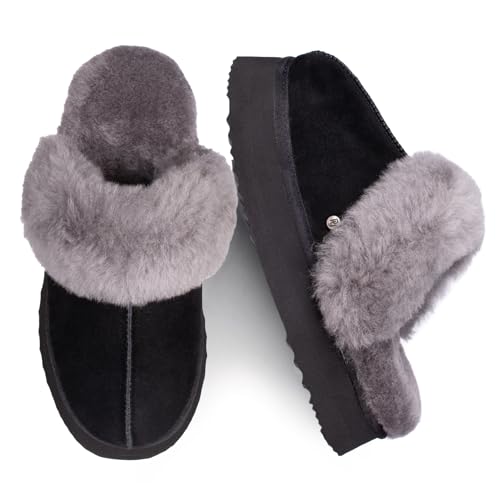 Women's Shearling Slippers Genuine Leather with Rubber Sole, Sheepskin Fuzzy Indoor Outdoor Shoes for Home