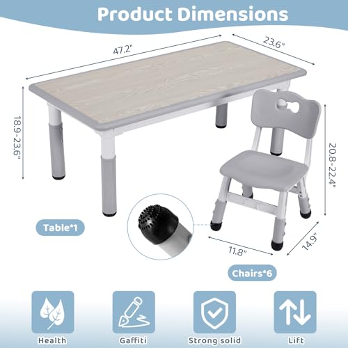 Arlopu-Kids-Study-Table-and-6-Chairs-Set-Height-Adjustable-Graffiti-Table-Preschool-Activity-Art-Craft-Table-for-6-Multifunctional-Toddler-Table-Reading-Drawing-Eating-Interaction-Gray Arlopu Kids Study Table and 6 Chairs Set Height Adjustable Graffiti Table Preschool Activity Art Craft Table for 6 Multifunctional Toddler Table Reading Drawing Eating Interaction Gray