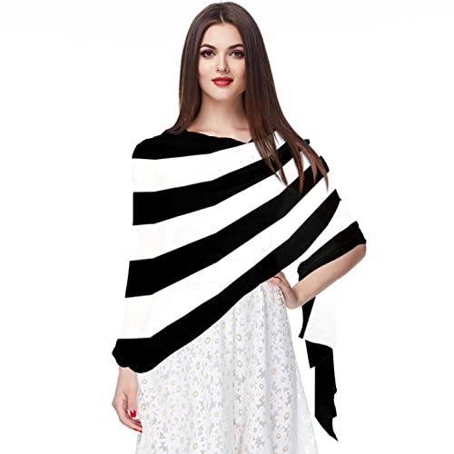Women's Silky Scarf, Modern Black White Stripes Geometric Chiffon Shawl and Wraps for Evening Party, Weddings