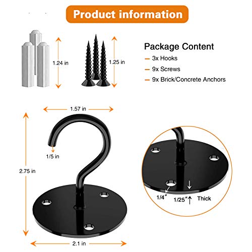 Junbei 3Pcs Ceiling Hooks, Enhanced Hanging Plant Hooks, Iron Wall Mount Heavy Duty Metal Plant Bracket For Hanging Bird Feeders, Lanterns, Wind Chimes, Planters, Outdoor Decoration Hooks (Black) #TOP2