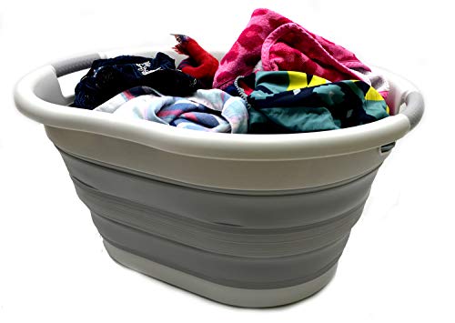 Image of SAMMART 36L (9.5 gallon) Collapsible Plastic Laundry Basket - Oval Tub /Basket - Foldable Storage Container /Organizer - Portable Washing Tub - Space Saving Laundry Hamper (Oval, Grey /Grey)