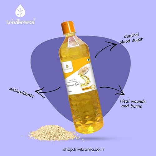 Image of Trivikrama Sesame Oil Bottle, 200 ML (Cheku /Ghani) | 100% Pure & Unrefined | Rich in MUFA & Omega-6 PUFA | Multipurpose Edible Oil | Contains Natural Anti-Oxidants