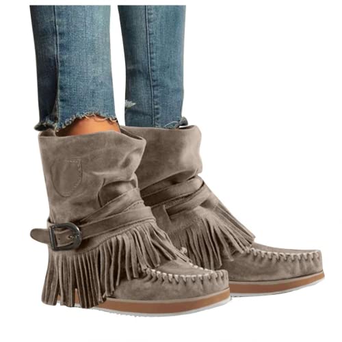ZBYY Women's Tassel Booties Fashion Fringe Suede Moccasins Ankle Boots Retro Winter Low Heel Dress Shoes for Lady