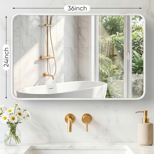 Image of Sweetcrispy Bathroom Mirror 36x24 Inch Metal Framed Rounded Rectangle Vanity Mirror for Wall, Over Sink, Farmhouse, Restroom, Anti-Rust, Modern Decorative, Horizontal or Vertical Hanging, White