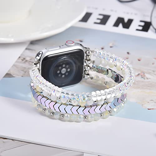 Image of MOFREE Beaded Bracelet Compatible with Apple Watch Band 38mm /40mm /41mm /42mm, Fashion Elastic Stretch Women Bands for iWatch Series 11 /10 /9 /8 /7 /SE /6 /5 /4 /3 /2 /1 iPhone Watch Strap Bands Iridescence