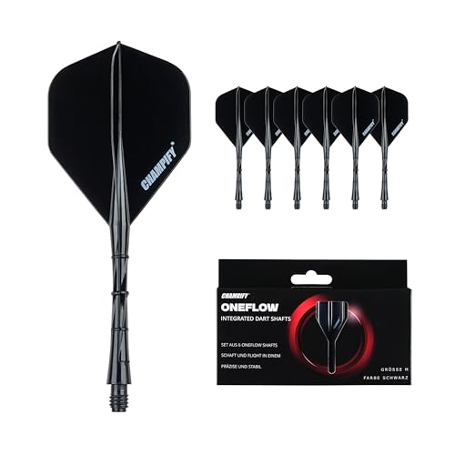 Champify® 6X OneFlow Dart Shafts mit Flight – Schwarz – Größe M | Integriertes Flight-Shaft-System für Steeldarts & Softdarts | Dartflights aus Kunststoff | Für Anfänger & Profis